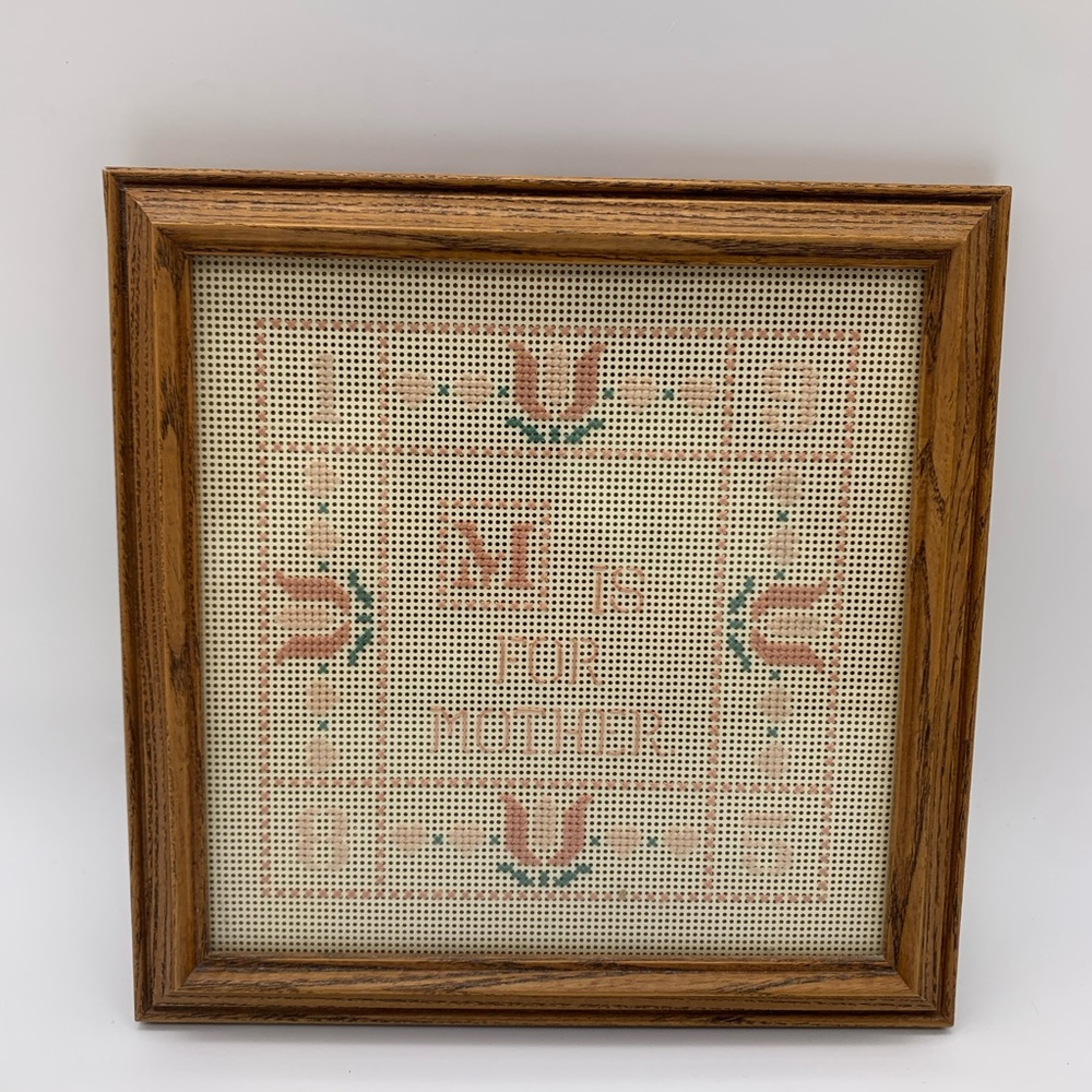 1989 Vintage Needlepoint Framed Cross Stitch Wall Art “M Is For Mother “ 8” X 8”
